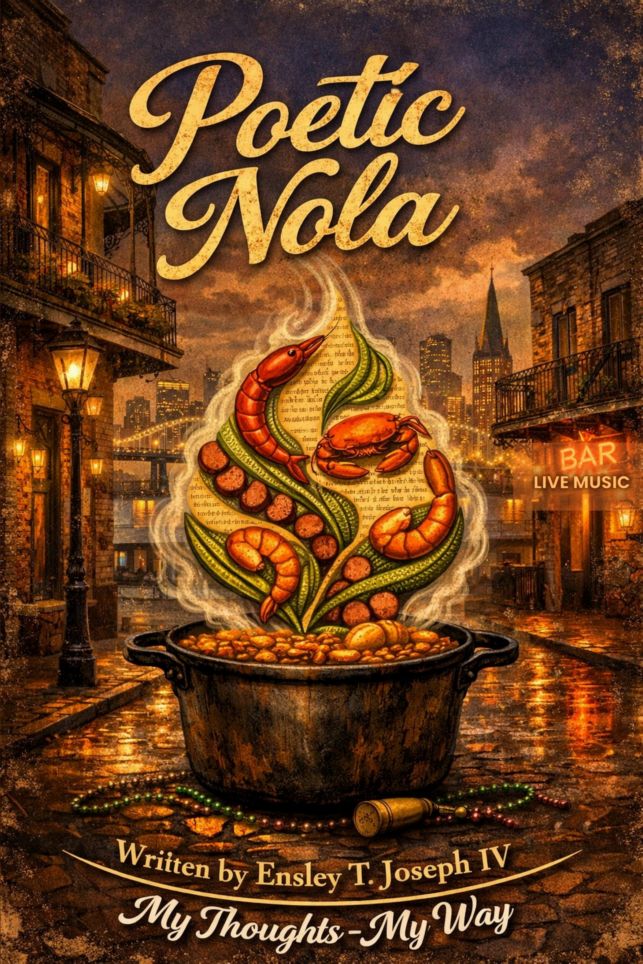Poetic Nola cover — a cast-iron gumbo pot on French Quarter cobblestone, steam rising into a flame of New Orleans flavors